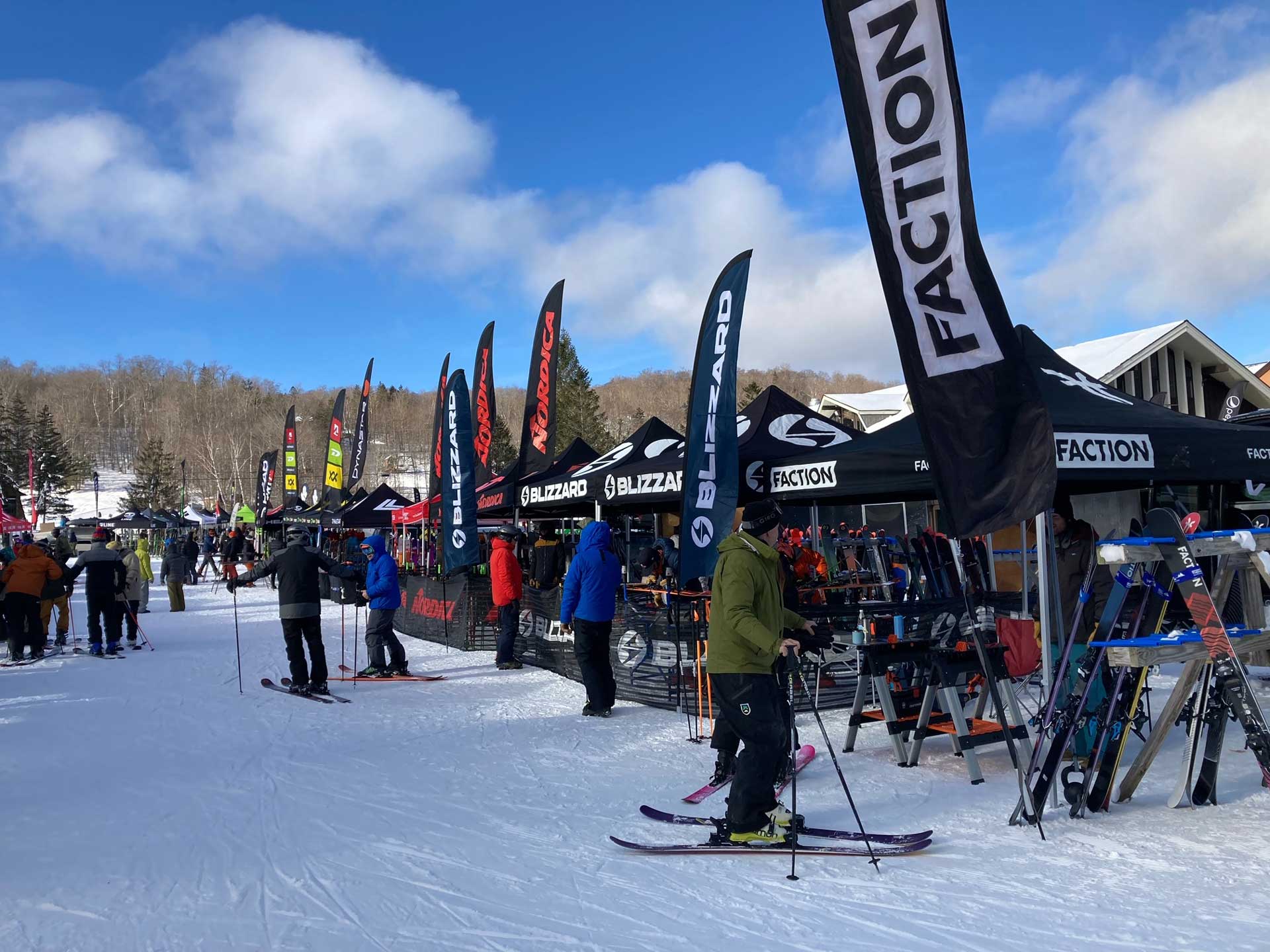 Row of ski and snowboarding exhibitors